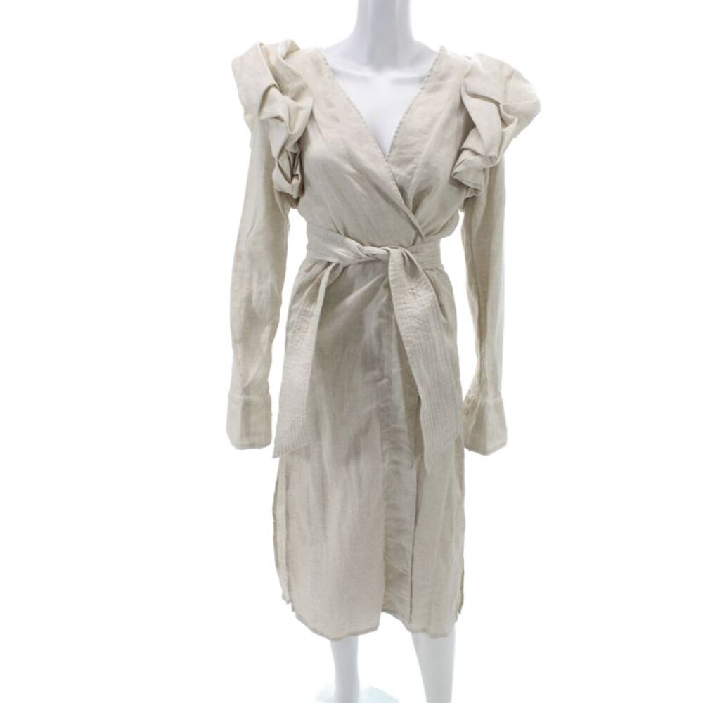 Designer Womens Wrap Dress Beige Linen V-Neck Long Sleeve Boho Size 10